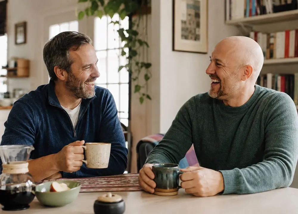 Two friends talking and laughing over coffee at home.